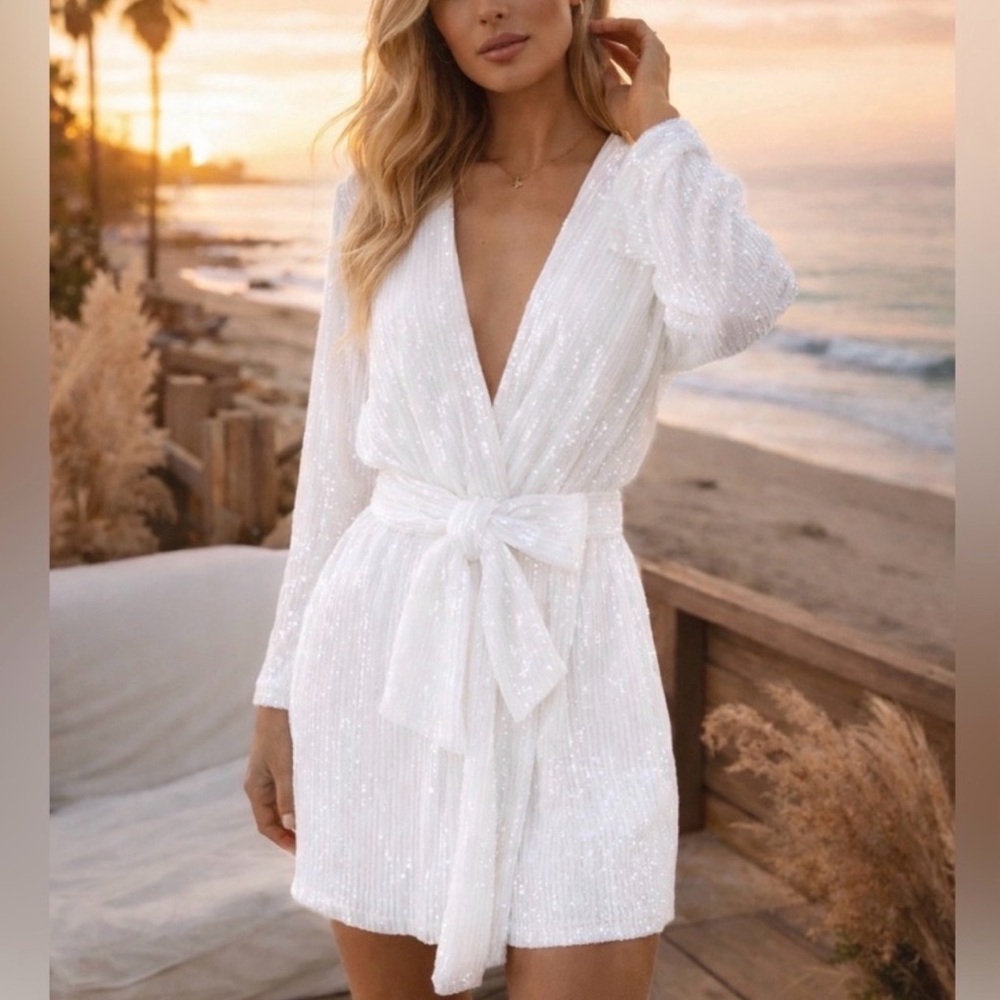Women’s White Long Sleeve Sequin Wrap Dress